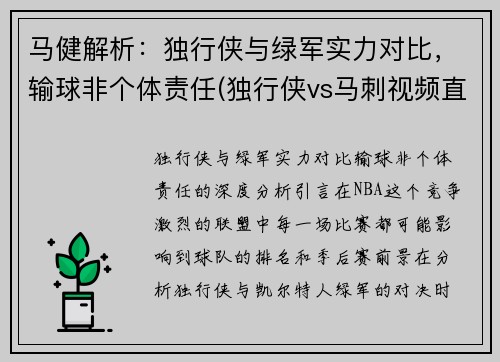 马健解析：独行侠与绿军实力对比，输球非个体责任(独行侠vs马刺视频直播)