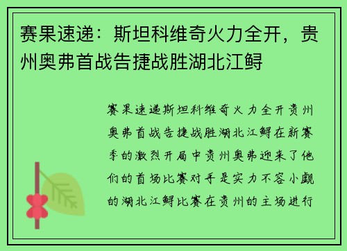 赛果速递：斯坦科维奇火力全开，贵州奥弗首战告捷战胜湖北江鲟