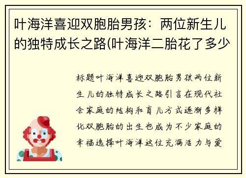 叶海洋喜迎双胞胎男孩：两位新生儿的独特成长之路(叶海洋二胎花了多少钱)